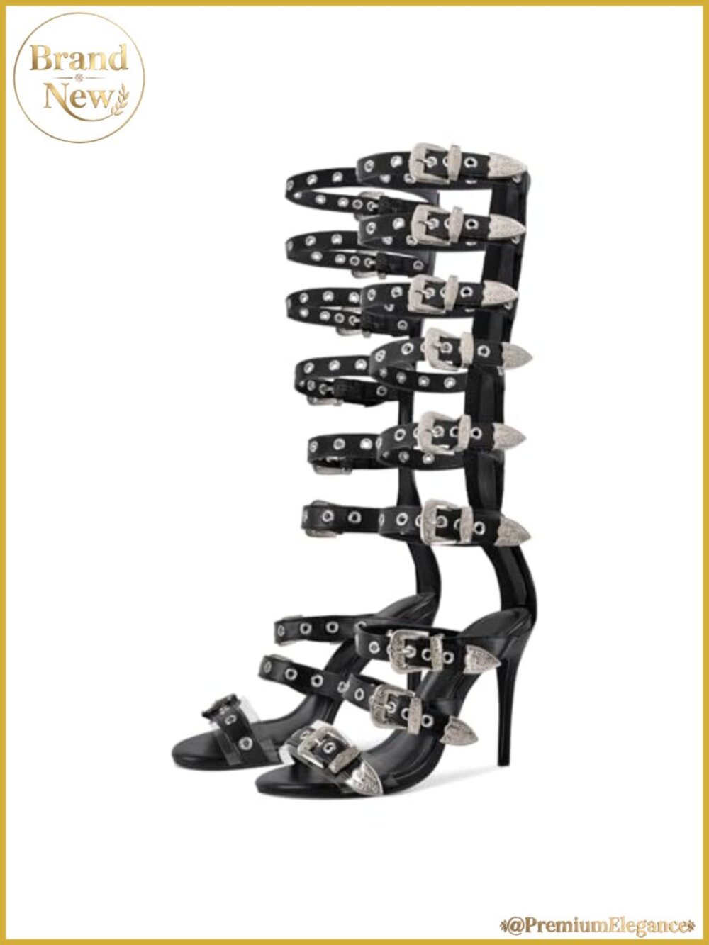 Knee High Gladiator Sandals Buckle Strap Zipper Heels Punk Gothic Stiletto Women